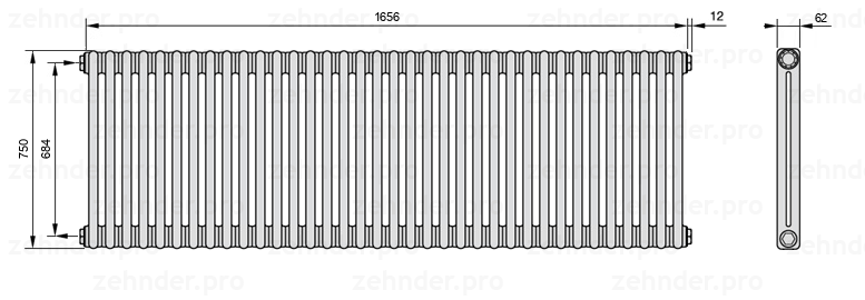 Схема (чертеж) Радиатор Zehnder Charleston 2075/36 №1270 Белый глянцевый RAL 9016